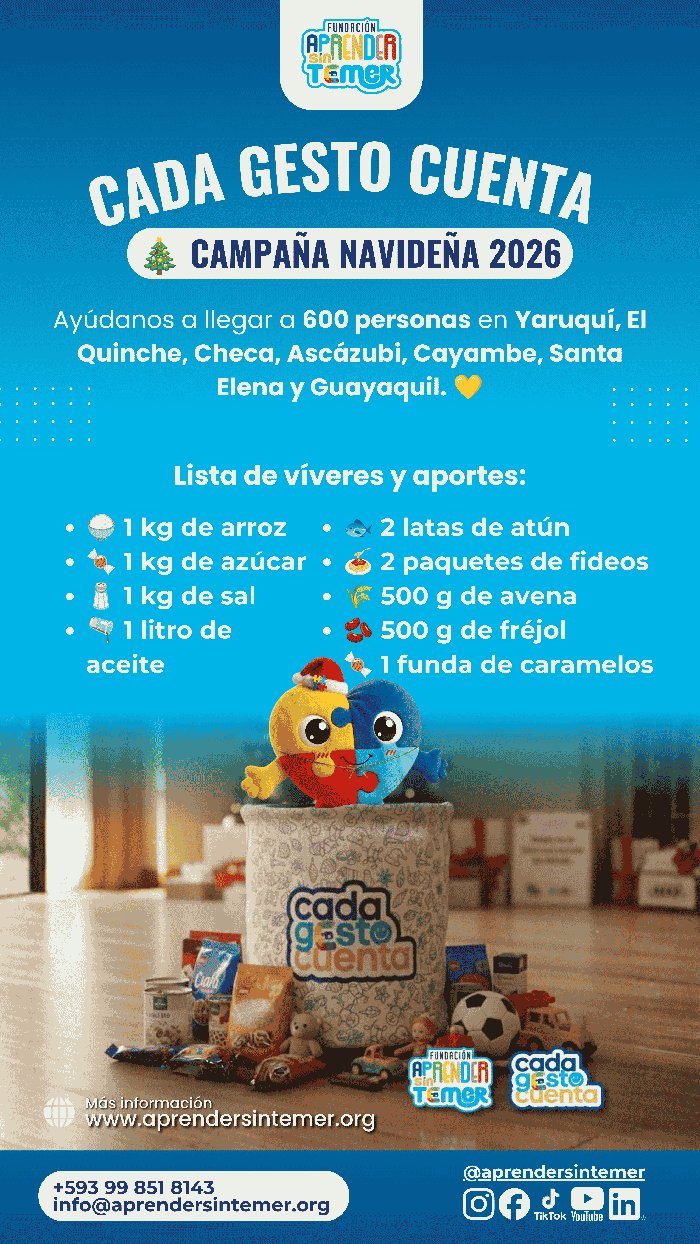 Lista de víveres y aportes — Campaña Navideña 2026 Cada Gesto Cuenta: 1kg de arroz, 1kg de azúcar, 1kg de sal, 1 litro de aceite, 2 latas de atún, 2 paquetes de fideos, 500g de avena, 500g de fréjol, 1 funda de caramelos